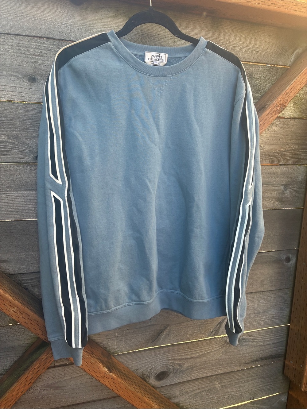 Hermes Slate Blue Crewneck Sweatshirt with Black & White Sleeve Stripes